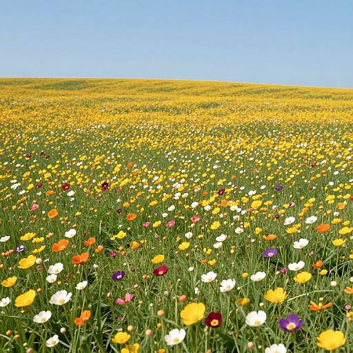 Vibrant photograph of a vast field filled with colorful wildflowers, including yellow, white, orange, and purple blooms under a clear blue sky.