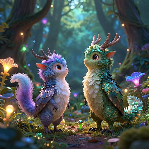 Digital artwork of two whimsical, fluffy, horned forest creatures with colorful scales, standing amidst glowing mushrooms and fairy lights in a magical forest.