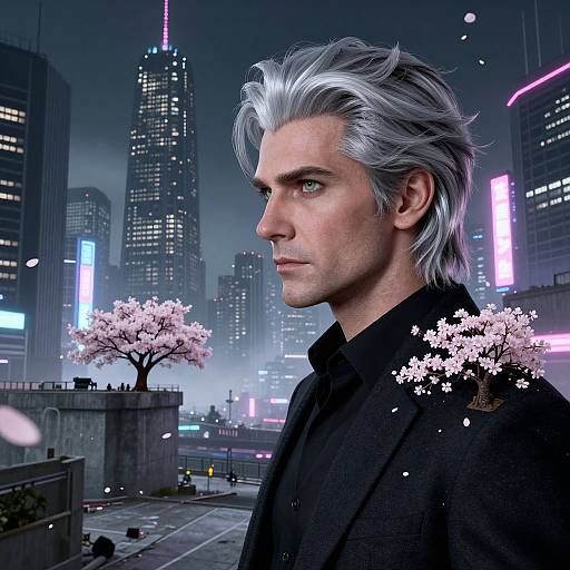 Photorealistic digital artwork of a silver-haired man in a black coat, standing in a futuristic cityscape with neon lights, cherry blossoms, and