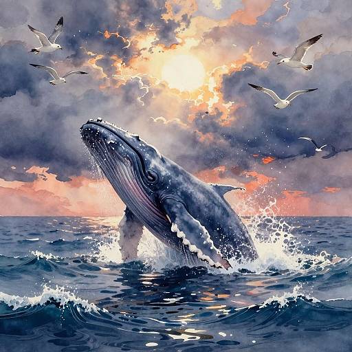 Dramatic Whale Breach at Stormy Dusk