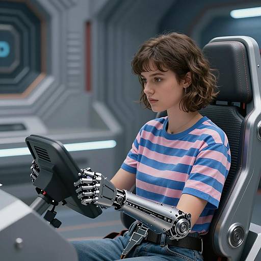 Young Woman with Prosthetic Arm in Futuristic Cockpit