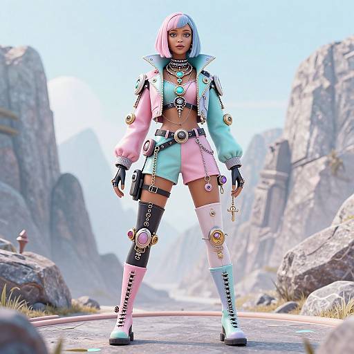Digital art of a futuristic, anime-style woman with pastel pink and blue outfit, adorned with jewelry and accessories, standing confidently in a rocky landscape.