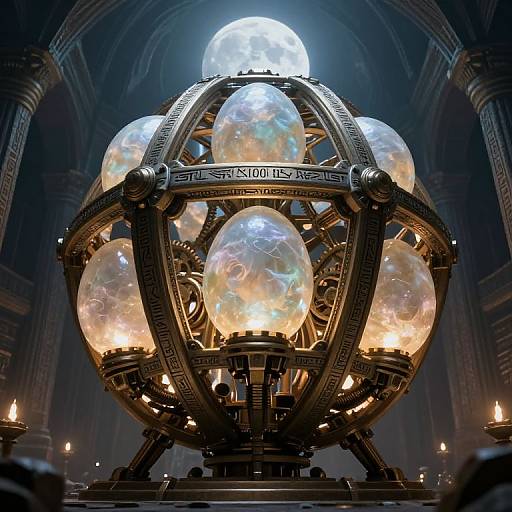 Photorealistic CGI of a futuristic, glowing, orb-like device with six translucent, iridescent spheres, set in an ornate, dimly