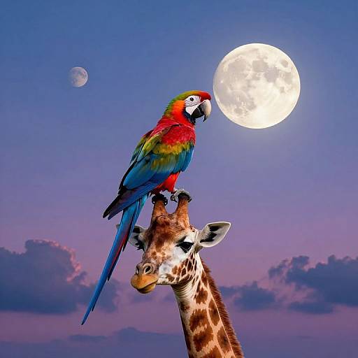 Photograph of a vibrant red, blue, and yellow macaw perched on a giraffe's head against a twilight sky with a full moon and