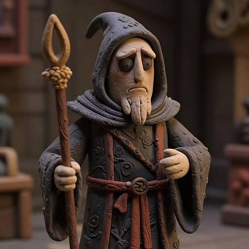 Photorealistic CGI of a somber, bearded wizard with a pointed hat, holding a staff, wearing a detailed, textured dark robe. Bl