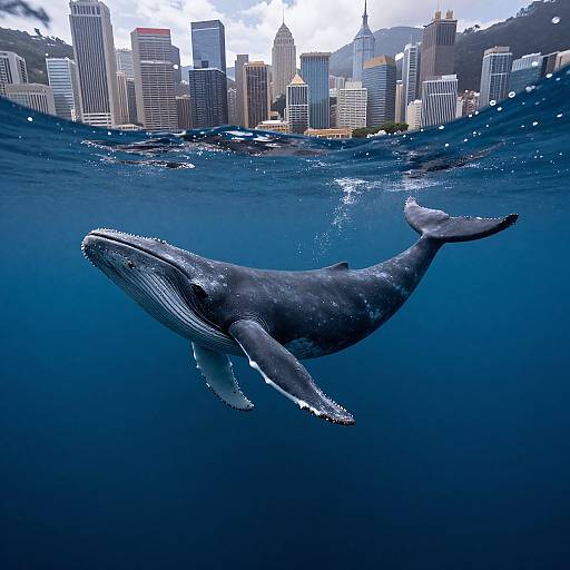 Photograph of a large humpback whale swimming underwater in front of a city skyline with tall buildings and mountains, split by the water surface.