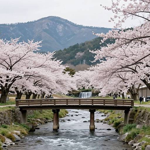 Photograph of a wooden bridge over a flowing stream, surrounded by pink cherry blossom trees, with a mountain in the background.