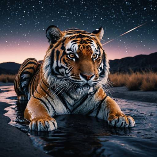 Hyperrealistic Tiger under Starry Twilight Sky