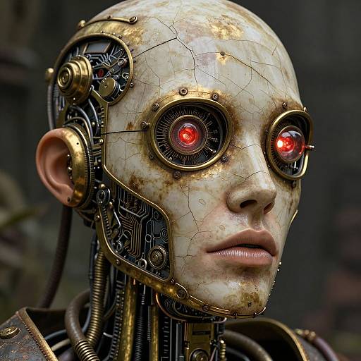 Photorealistic CGI of a cracked, metallic human head with glowing red eyes, intricate cybernetic components, and worn, pale skin.