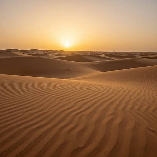 Photograph of a golden desert sunset with ripples in the sand, warm orange and yellow sky, and rolling sand dunes.
