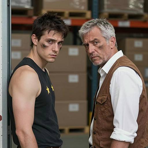 Two Men in Warehouse with Dirt on Faces