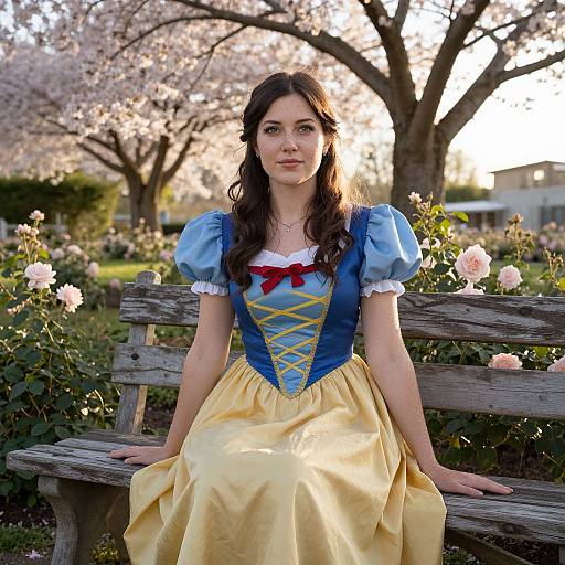 Photograph of a young woman with long brown hair, wearing a blue and yellow Cinderella dress, sitting on a wooden bench in a blooming cherry