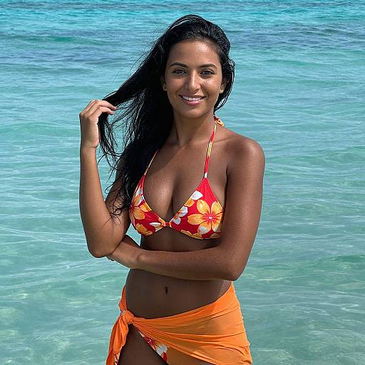 Photograph of a smiling woman with dark hair, tan skin, wearing a red floral bikini top and orange sarong, standing in clear blue ocean water