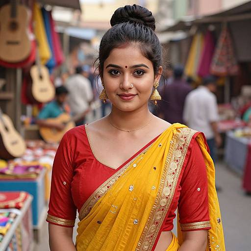Photograph of a young Indian woman with dark hair in a bun, wearing a red and yellow sari with gold embroidery, gold earrings, and a