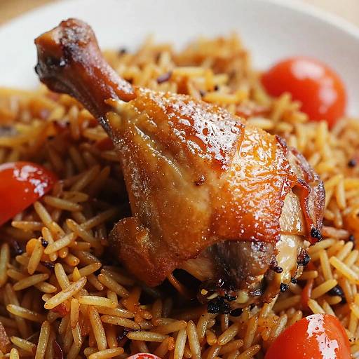 Close-up photograph of a golden-brown, glazed roasted chicken leg on top of vibrant orange rice with scattered cherry tomatoes.