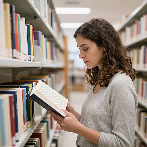 Photograph of a young woman with wavy brown hair, wearing a gray sweater, reading a book in a brightly lit library.