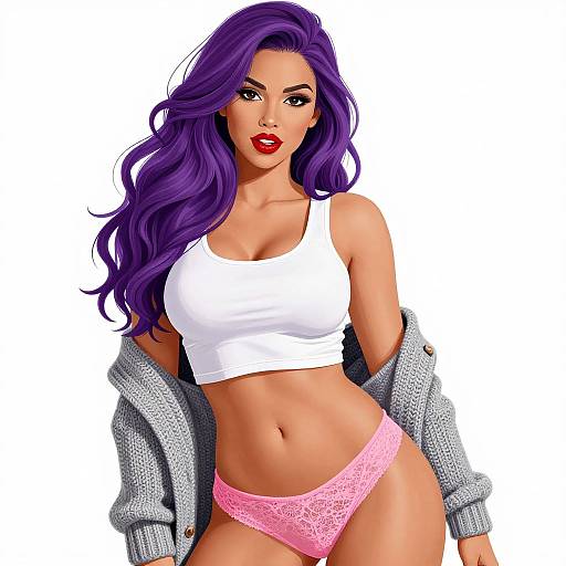 Digital illustration of a curvy woman with purple hair, red lipstick, white crop top, pink lace panties, and gray cardigan.