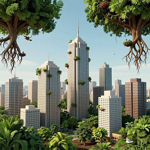 CGI image of a futuristic cityscape with tall, greenery-covered skyscrapers framed by large, leafy trees against a clear blue sky.
