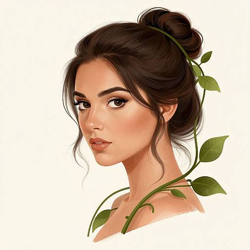 Digital illustration of a beautiful woman with dark brown hair in a bun, adorned with green leaves, staring confidently. White background. Realistic, semi-real