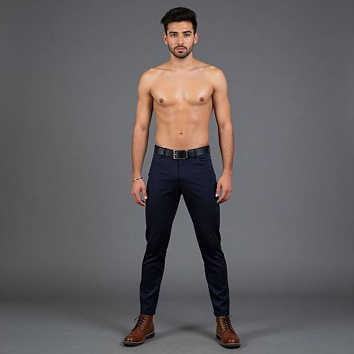 Photograph of a shirtless, muscular, dark-haired man with light skin, black pants, brown belt, and brown boots, standing against a gray