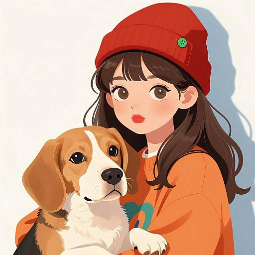Girl with Beagle in Red Hat