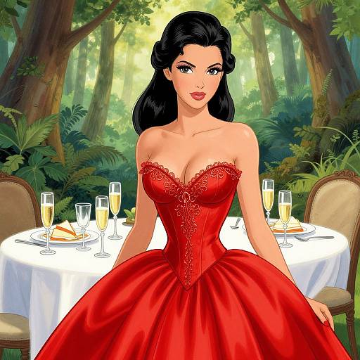 Digital illustration of a beautiful woman with fair skin and black hair, wearing a strapless red lace corset gown, seated at a forest-lit table