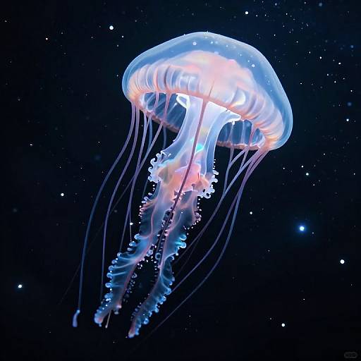 Photograph of a glowing, translucent jellyfish with flowing, pink and blue-tinted tentacles against a starlit, dark blue ocean background.