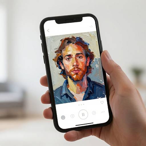 Photograph of a hand holding a smartphone displaying a digital painting of a bearded man with colorful, textured brushstrokes.