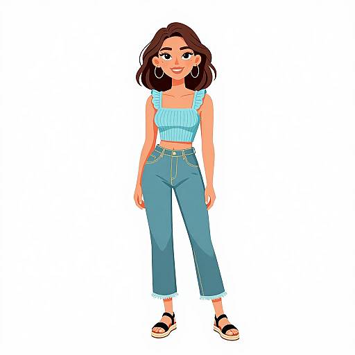 Digital illustration of a smiling young woman with brown hair, wearing a light blue crop top, high-waisted blue jeans, black sandals, and large