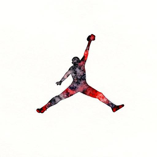 Watercolor-style silhouette of a person performing a dynamic forward lunge, arms raised, with splashes of red, blue, and black.
