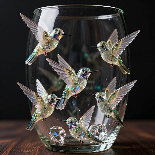 Crystal Hummingbirds in Glass Vase