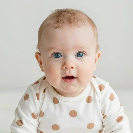 Photograph of a baby with bright blue eyes, light skin, and short brown hair, wearing a white polka dot shirt, smiling with an open