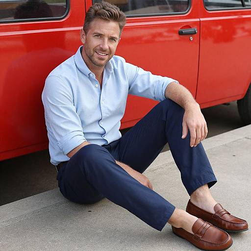 Photograph of a smiling, bearded man with short brown hair, wearing a light blue shirt, dark pants, and brown loafers, sitting against