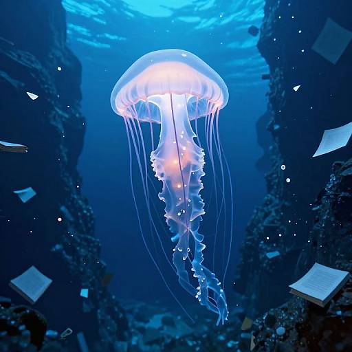 Photograph of a glowing blue and white jellyfish with translucent tentacles, floating in a dark, underwater ocean scene.