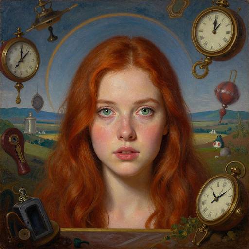 Digital painting of a fair-skinned redheaded girl with green eyes, surrounded by vintage pocket watches, clock hands, and hot air balloons, against a