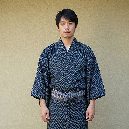 Photograph of an Asian man with short black hair, wearing a dark blue, patterned kimono with a gray obi, standing against a plain