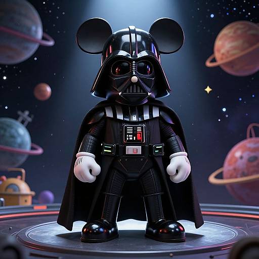 Digital artwork of a chibi-style Darth Vader with Mickey Mouse ears, standing on a glowing platform in a colorful galaxy with planets and stars.