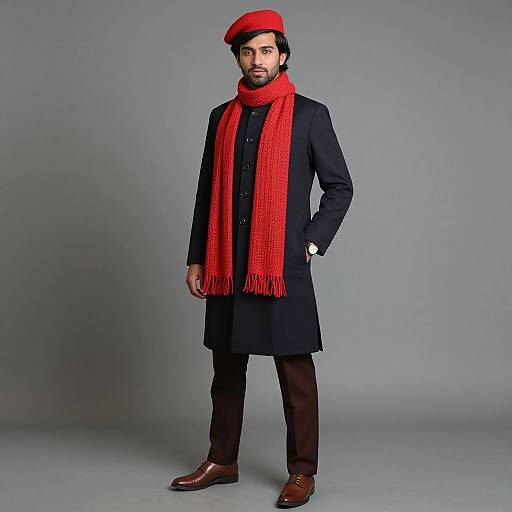 Photograph of a bearded man in a black coat, red scarf, red beret, brown pants, and brown shoes, standing against a gray
