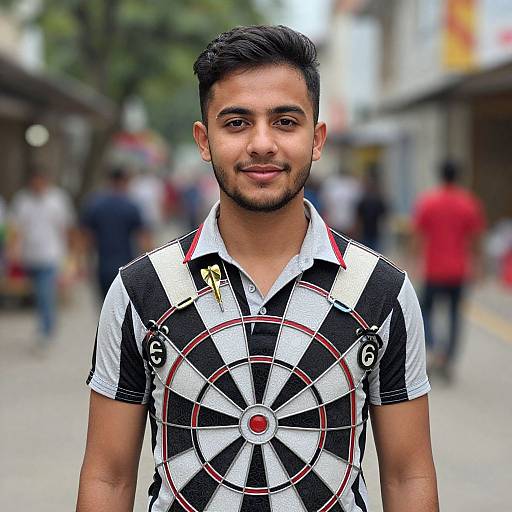 Photograph of a young South Asian man with short black hair and light brown skin, smiling, wearing a black-and-white dartboard-patterned soccer jersey