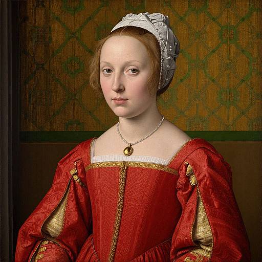 Renaissance portrait of a fair-skinned woman with reddish-brown hair, wearing a red, gold-embroidered dress, white lace