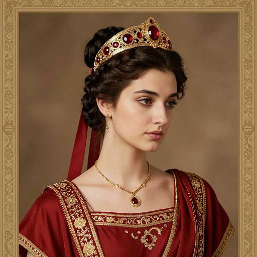 Photograph of a young woman with fair skin, dark wavy hair, wearing a red and gold embroidered dress, crown, and necklace, in a