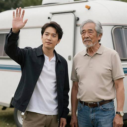 Two Men Outside Vintage Trailer