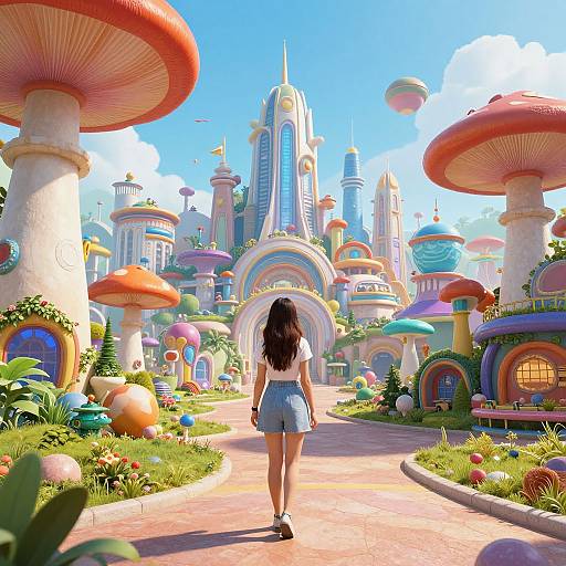 Digital illustration of a young woman with long black hair, wearing a white top and blue shorts, walking through a colorful, whimsical city with giant mushrooms