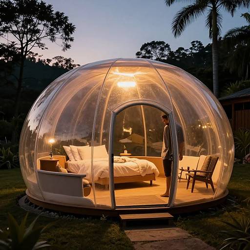 Photograph of a transparent, dome-shaped glass bubble house at dusk, warmly lit inside with a bed, chair, and standing person, surrounded by trees