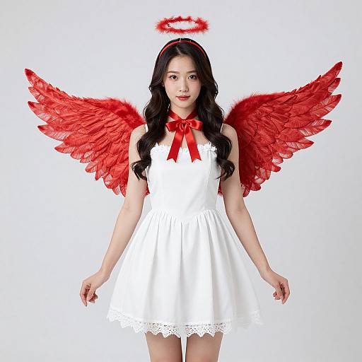 Photograph of an Asian woman with long black hair, wearing a white lace dress, red angel wings, red ribbon, and halo, standing against a