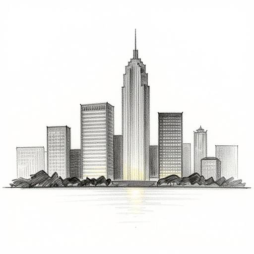 Digital sketch of a city skyline featuring tall, illuminated skyscrapers with varied heights and textures, set against a white background.