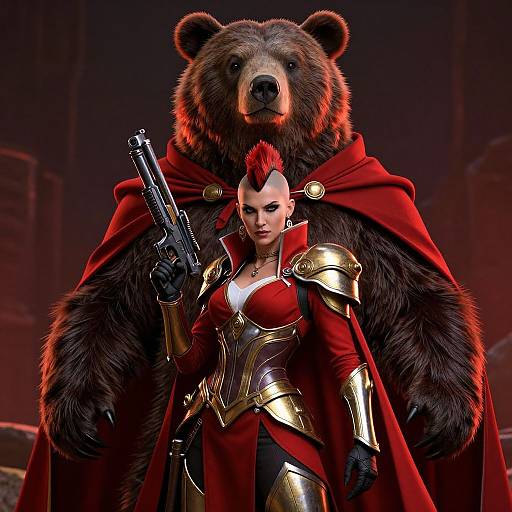 CGI fantasy image of a fierce woman in red armor and cape, holding a gun, standing beside a large bear in a red cloak. Dark,