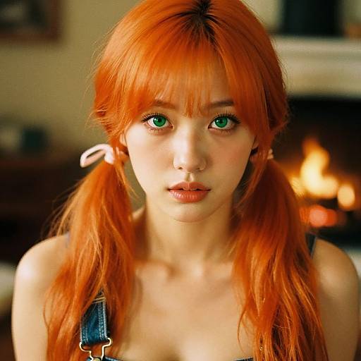 Photograph of a young woman with bright orange hair in pigtails, green eyes, and fair skin, wearing a black strap top, with a