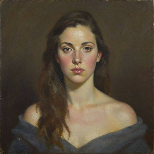 Realistic oil painting of a young woman with long brown hair, fair skin, and blue eyes, wearing an off-shoulder dark blue garment against