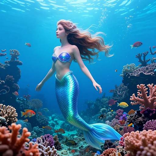 Photorealistic digital art: A beautiful, blue-scaled mermaid with flowing red hair swims gracefully through a vibrant, colorful underwater coral reef, surrounded